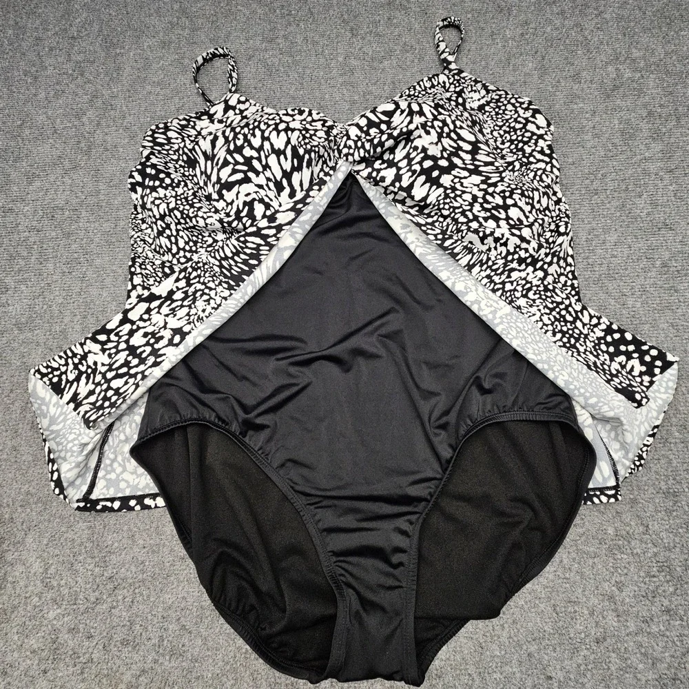 Swim Solutions Fauxkini Women 22W Blck White Animal Print Tummy Control Swimsuit - Picture 2 of 11